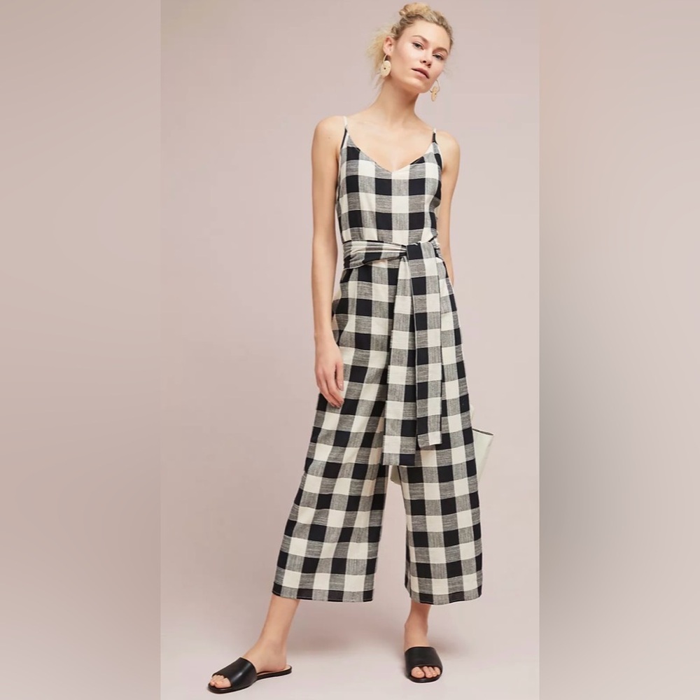 If By Sea (Anthro) Gingham Tie-Waist Jumpsuit w Wide Leg Silhouette & Sash Sz S - Picture 3 of 11